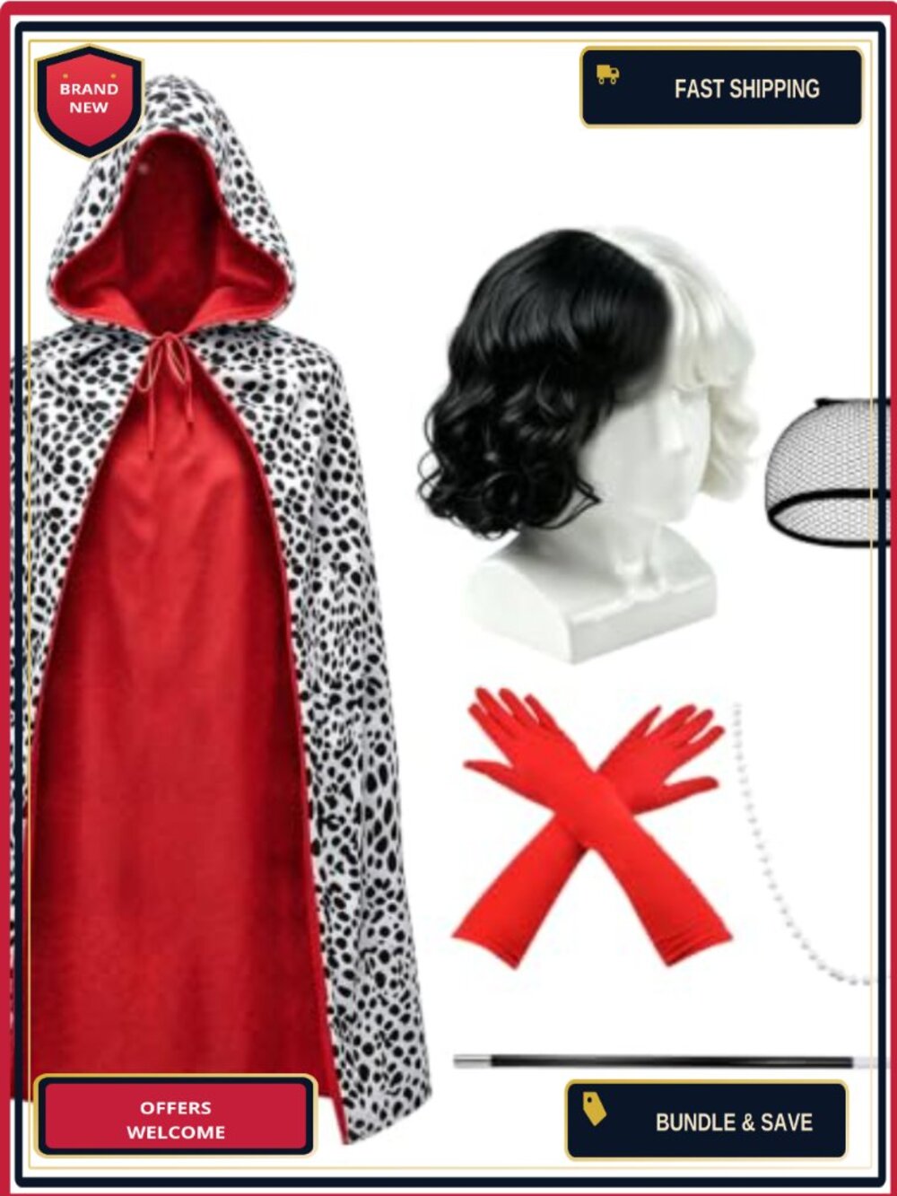 6 Piece Dalmatian Costume Set Hooded Cloak Wig Gloves
